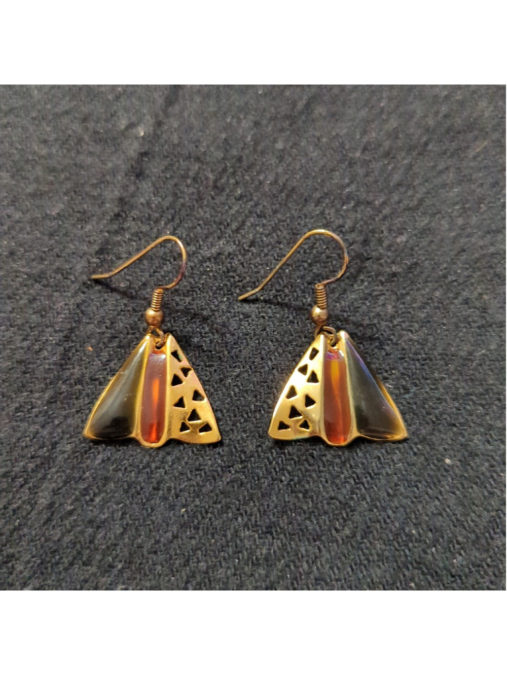 Gold Tone Brown Enamel Geometric Triangle Dangle Statement Earrings